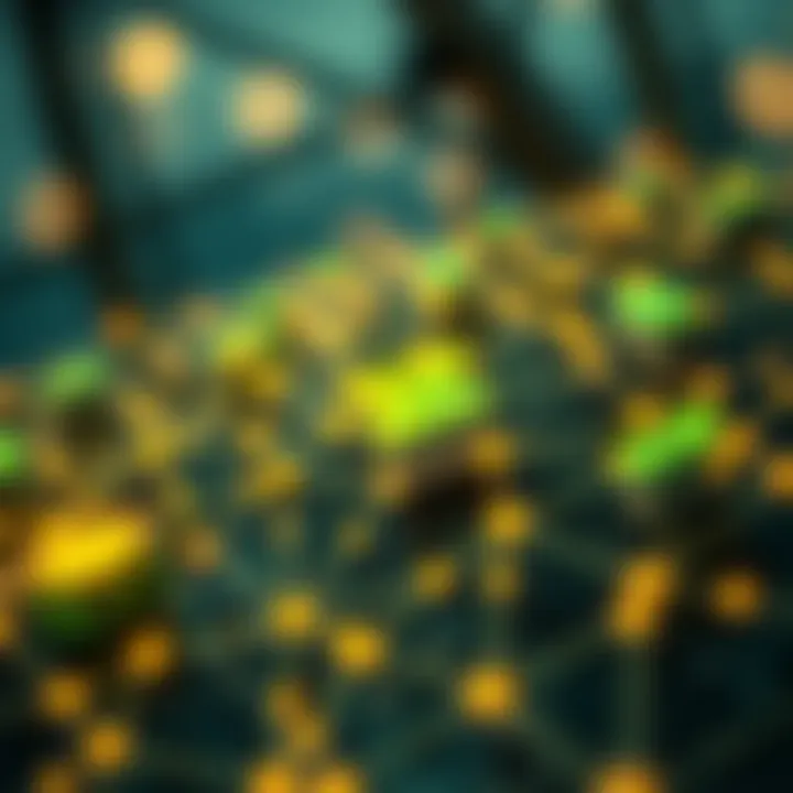 A close-up of a blockchain network visualized with green energy themes and eco-symbols