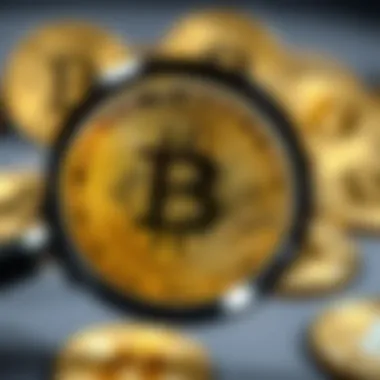 A close-up of a magnifying glass over a cryptocurrency coin